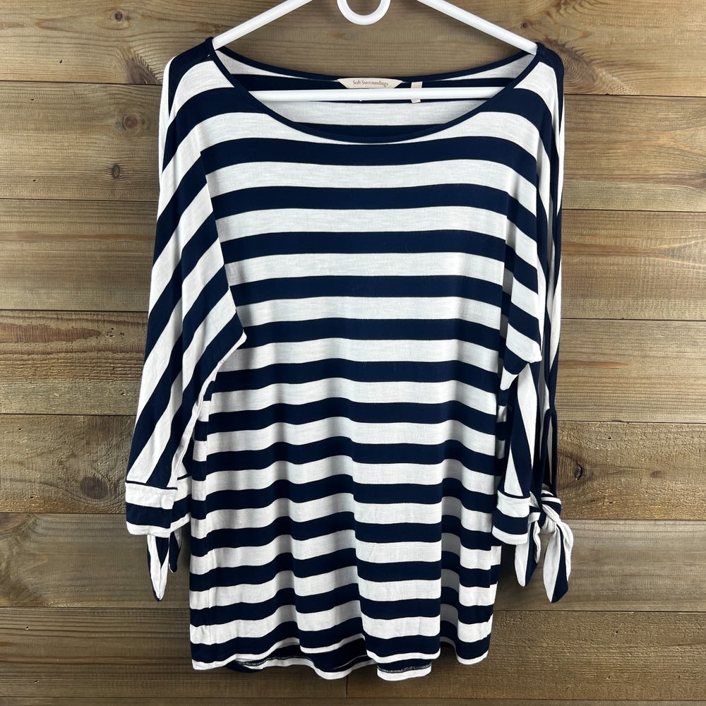 Soft Surroundings Womens Shirt Adrift Tunic Tie Sleeve Striped Nautical Medium